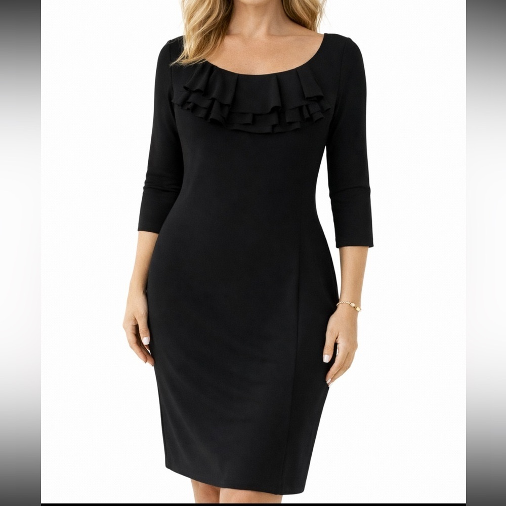 Kay Unger Black Ruffle Neck Dress Size 6